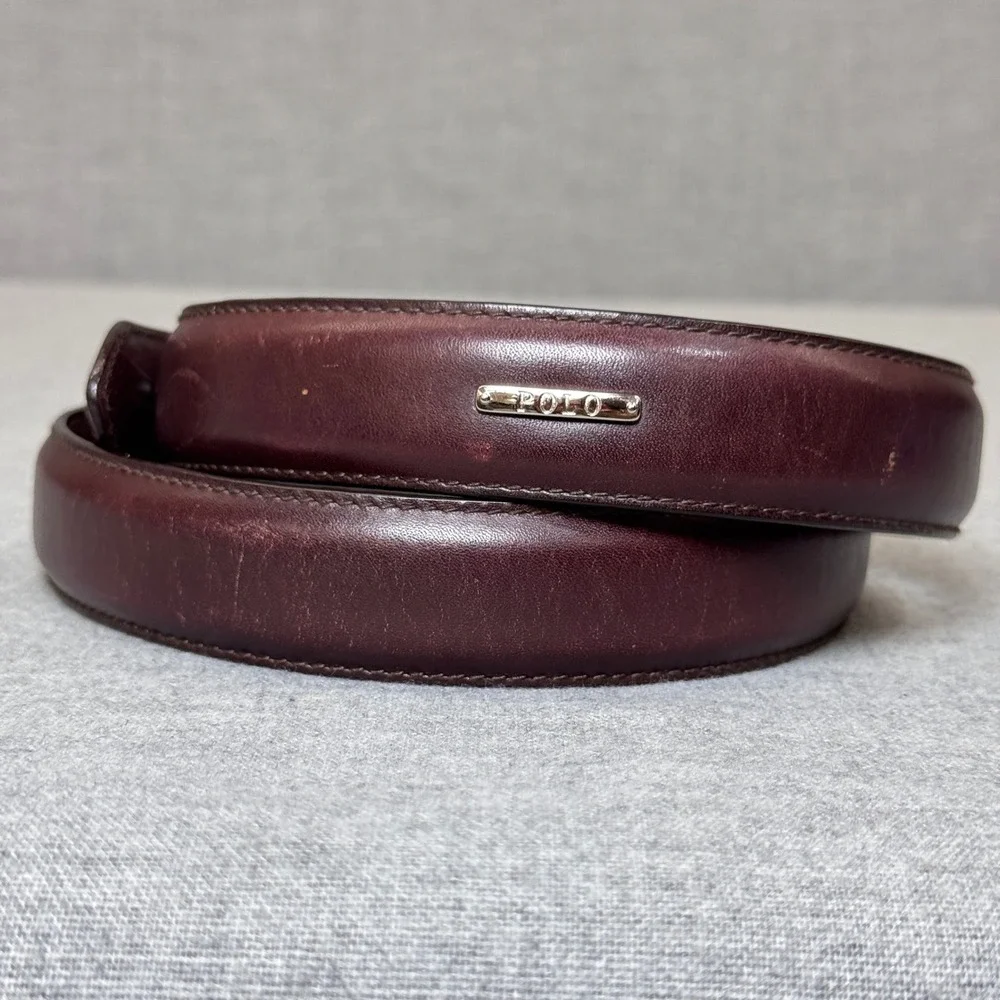 Polo Ralph Lauren Mens Burgundy Italian Leather Belt Size 36 Silver Logo Plaque